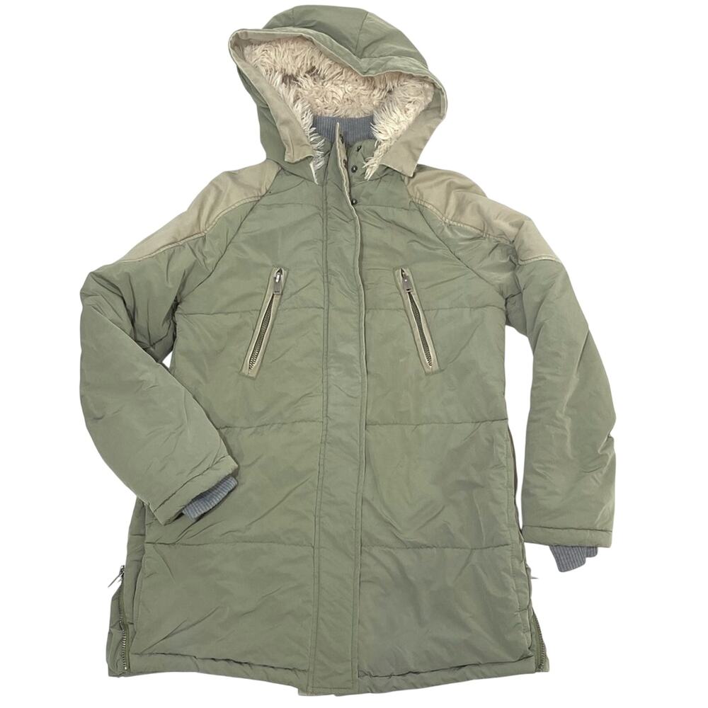 Free People Side Zip & Snap Parka Teddy Lined Hood Sage XS
